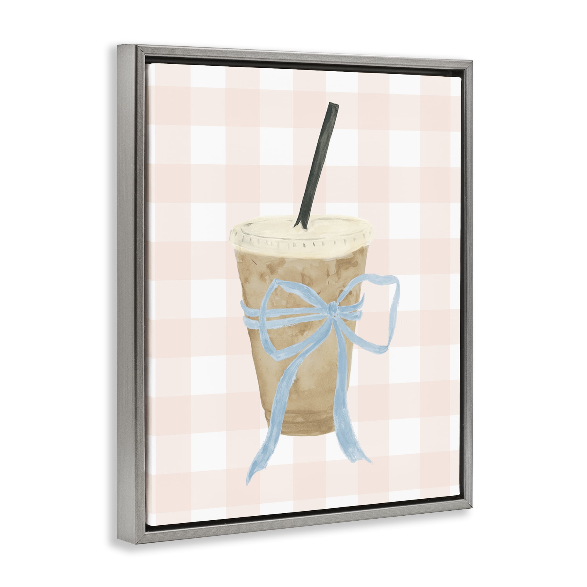 Stupell Industries Iced Coffee on Gingham Gray Framed Floater Canvas Wall Art, design by Lucille Price