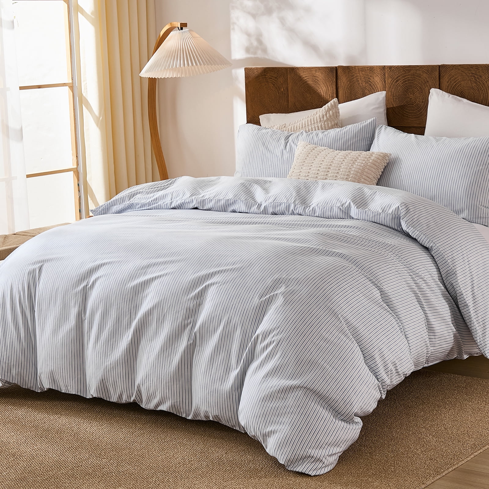 Brown Striped Duvet Cover Set Queen Size, 100% Natural Cotton Linen Like Duvet Cover Set with Zipper Closure & 8 Corner Ties, Brown Khaki Soft Reversible Bedding for All Seasons