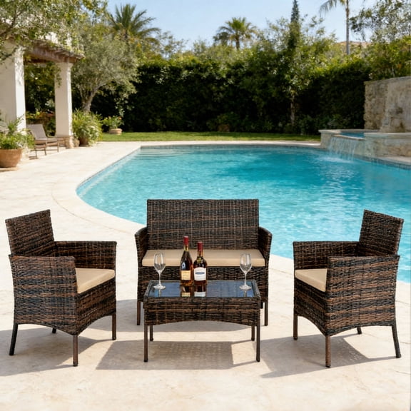 SYNGAR 4 Piece Patio Furniture Set, Outdoor Wicker Furniture with Coffee Table & Cushioned,Patio All-Weather Conversation Set,Modern Outdoor Seating for Poolside, Backyard, Balcony,Brown