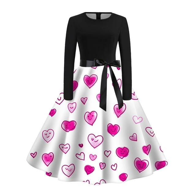 Robes Grande Taille Saint-Valentin Rétro Festive Imprimée Col Rond Soirée avec Jupe Évasée Complète Robe de Printemps Bleu Ciel S