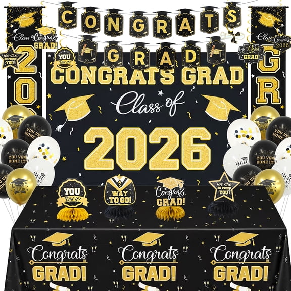 2026 Graduation Decorations, Black and Gold Graduation Party Decorations Set with Balloons, Backdrop, Banner and Table Decor, Class of 2026 Grad Party Supplies