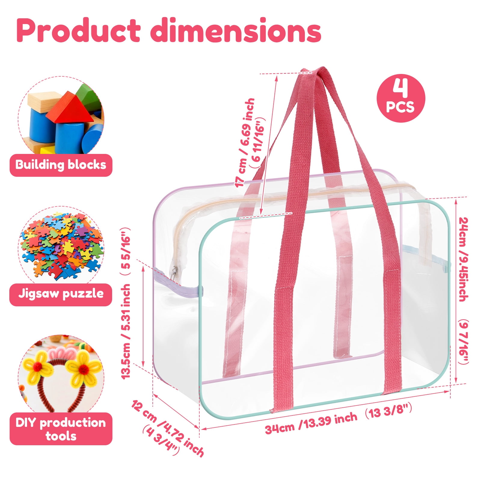 Grusce 4Pcs PVC Toy Storage Bags Waterproof Clear Toy Organizer Bag with Zip and Side Pockets for Building Blocks Puzzle 13.39x9.45x4.72 inch
