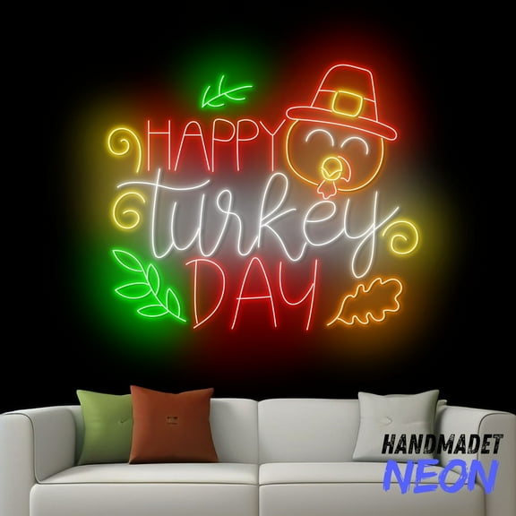 Handmadetneonsign Happy Turkey Day Neon Sign, Turkey Led Sign, Thanksgiving Holiday Home Wall Decor Gift 79247