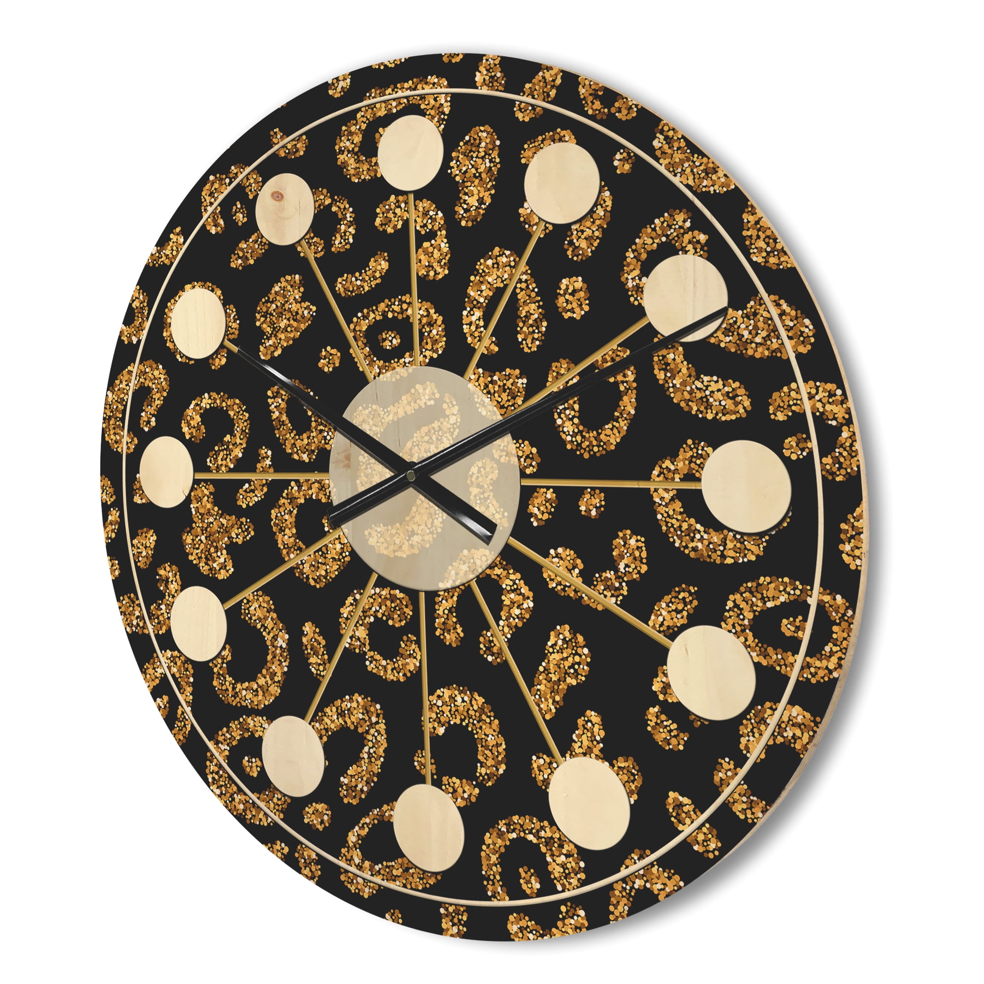 Designart 'Golden Leopard Fur Shapes' Mid-Century Modern Wood Wall Clock