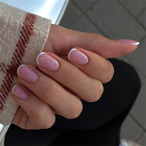 24 Pcs Glittering Short Round False Nails Lovely Elegant On Nails White French Tip Artificial Nails