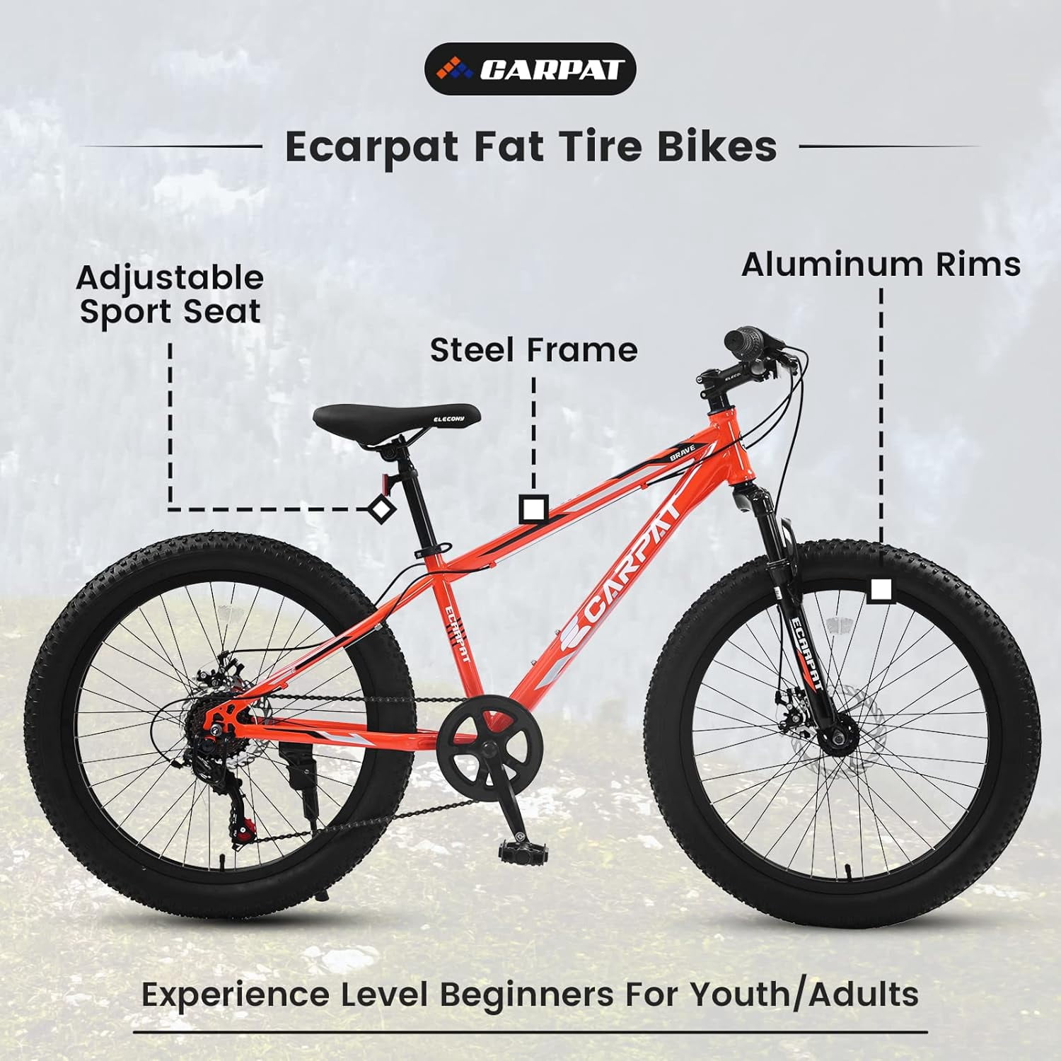 Ecarpat Fat Tire Mountain Bike for Adults Mens 24 inch, 21Speed Disc Brakes, Disc Brakes