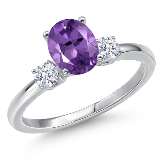Gem Stone King 14K White Gold Purple Amethyst and White Zirconia Engagement Ring for Women | 1.37 Cttw | Oval 8X6MM | Gemstone February Birthstone | Size 7