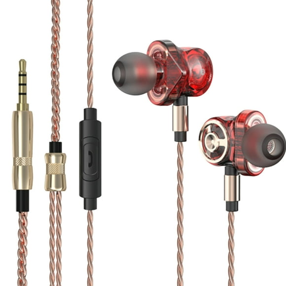 EeaseMX Auriculares estéreo deportivos con cable, micrófono y subwoofer de graves, 6 controladores, cable trenzado de 3,5 mm, de metal (rojos)