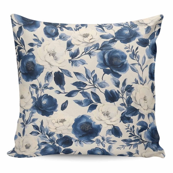 Throw Pillow Covers 16x16 Inch, Navy Blue Beige Peony Decorative Pillow Cases for Couch Sofa Bed, Vintage Floral Blossom Botanical Cotton Linen Square Home Decor Pillowcases with Hidden Zipper
