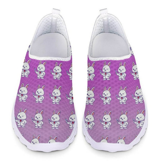 Zapatos planos casuales de verano para mujer, zapatillas sin cordones, con estampado de conejito de enfermera de dibujos animados Kawaii, de malla transpirable, para enfermera de hospital