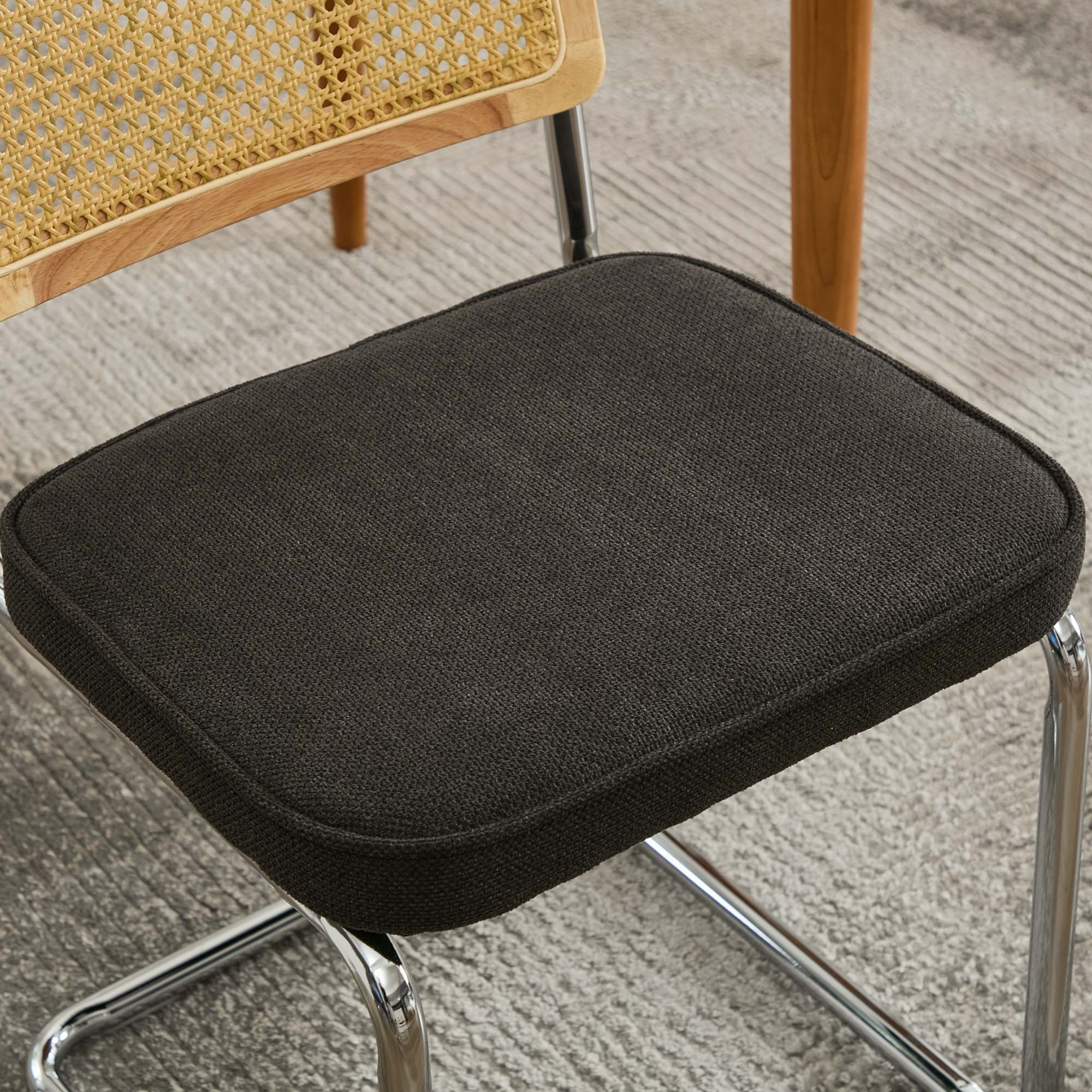 Mid Century Modern Dining Chairs Set of 2, Linen Cantilever Chairs with Woven Rattan Back & Chrome Base, Flexible 360 lbs Capacity, Black