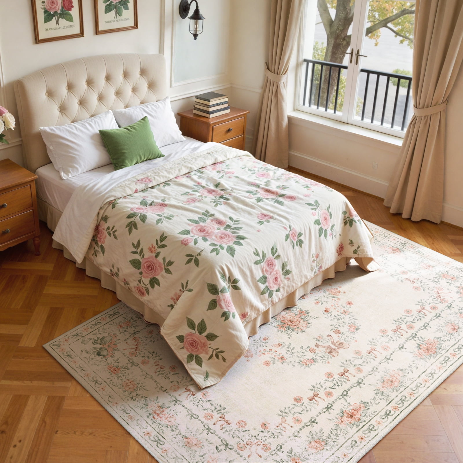 Lahome Washable 8'x10' Area Rug, Beige Floral Bow Print Rugs for Living Room, Non-Slip Ultra-Thin Soft Boho Neutral Carpet for Bedroom Kids Nursery Dorm, Large Mat, Beige