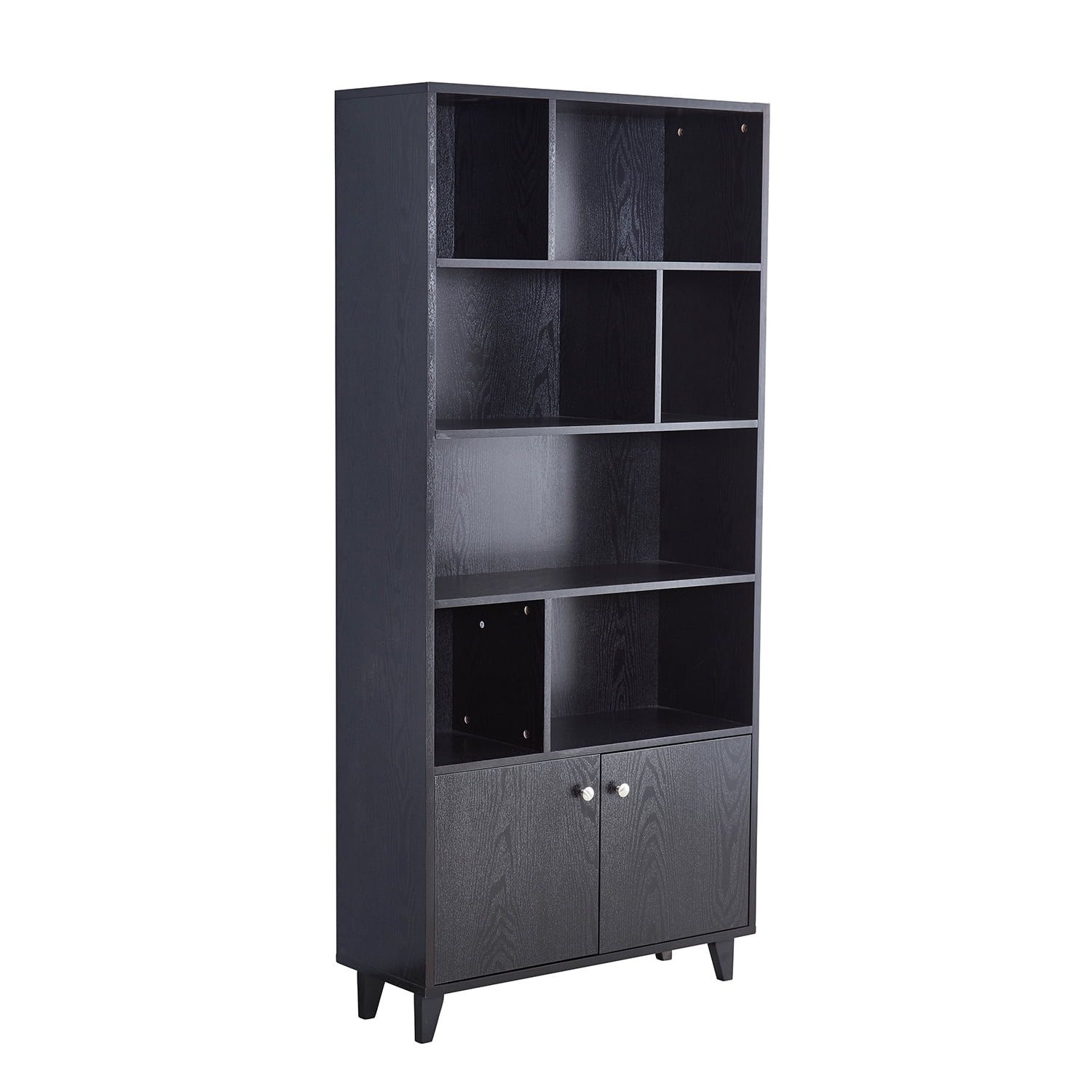 Private Jungle Modern Bookcase with 2 Doors 68" Tall Storage Wooden Bookshelf with 7 Compartments for Home Office,Black