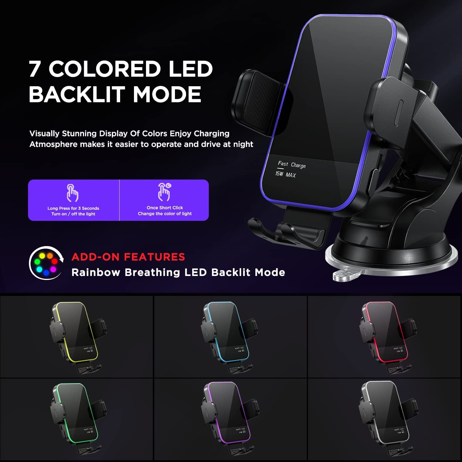 Wireless Car Charger,【7 Colored RGB Backlit】 15W Auto Clamping Phone Holders for Your car fit for iPhone 16 15 14 Mini Pro Max, Samsung Galaxy S25 Ultra S24 S23+, etc, Fathers Day for Gifts