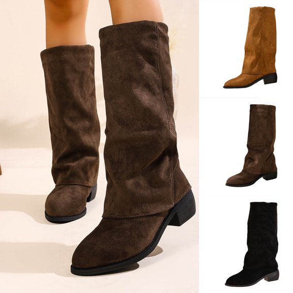 Women Round Toe Fold‑Over Slouch Mid‑Calf Boots, Suede Low Block Heel Pull‑On Tall Booties, Casual Ruched Cowboy‑Style Boot