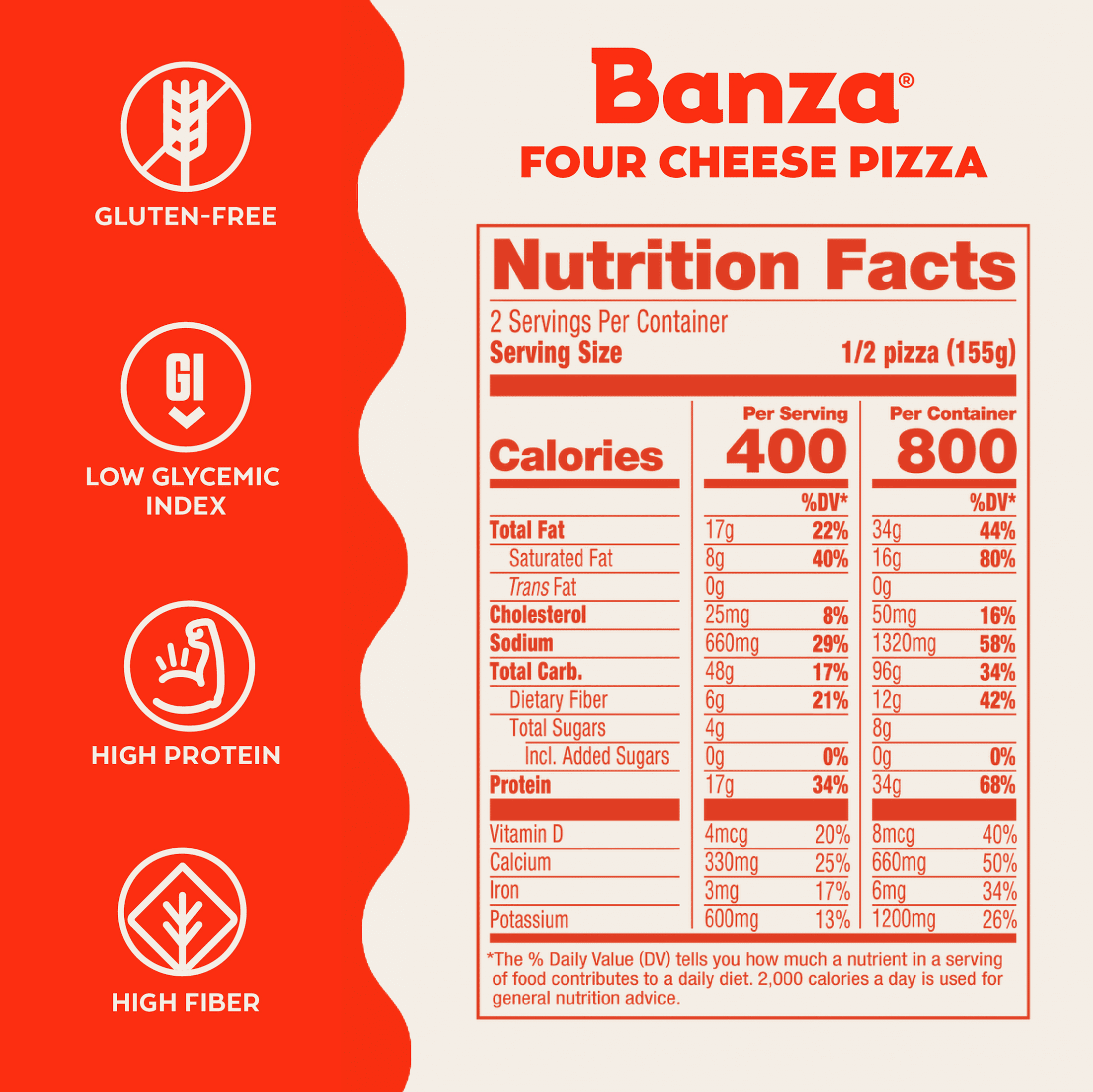 Banza Four Cheese Pizza from Chickpeas - High Protein, Gluten Free, Lower Carb Frozen Pizza, 11oz