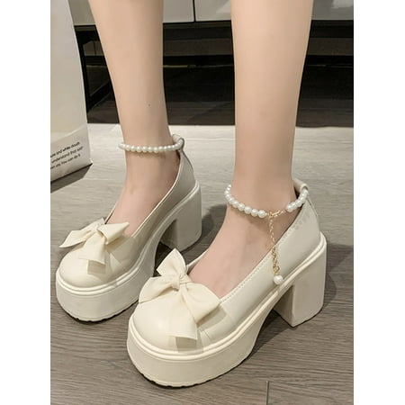 Fashion Mary Jane Shoes Women s New Fashion Pearl Bow High Heels with Small Leather Shoes Women Single Shoes