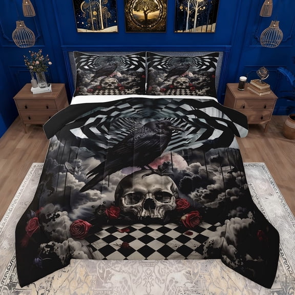 Castle Fairy Animal Black Crow Bedding Comforter Set 2pcs for Boys Girls,Gothic Floral Rose Skull Twin Comforter Sets Microfiber,Geometric Plaid Grid Breathable Bedding Set,Lightweight Room Decor