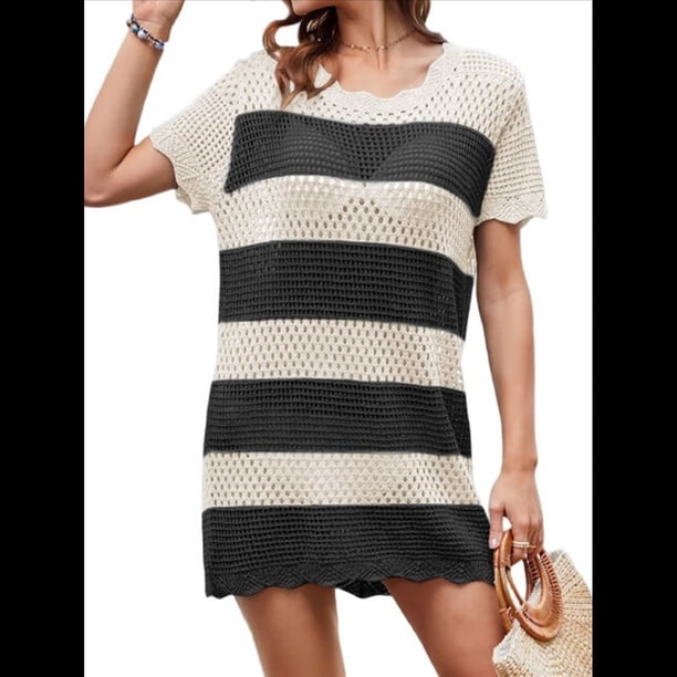 Traje de Baño de Ganchillo para Mujer 2025, Vestido de Punto de , Ropa de Verano Color Albaricoque Negro S