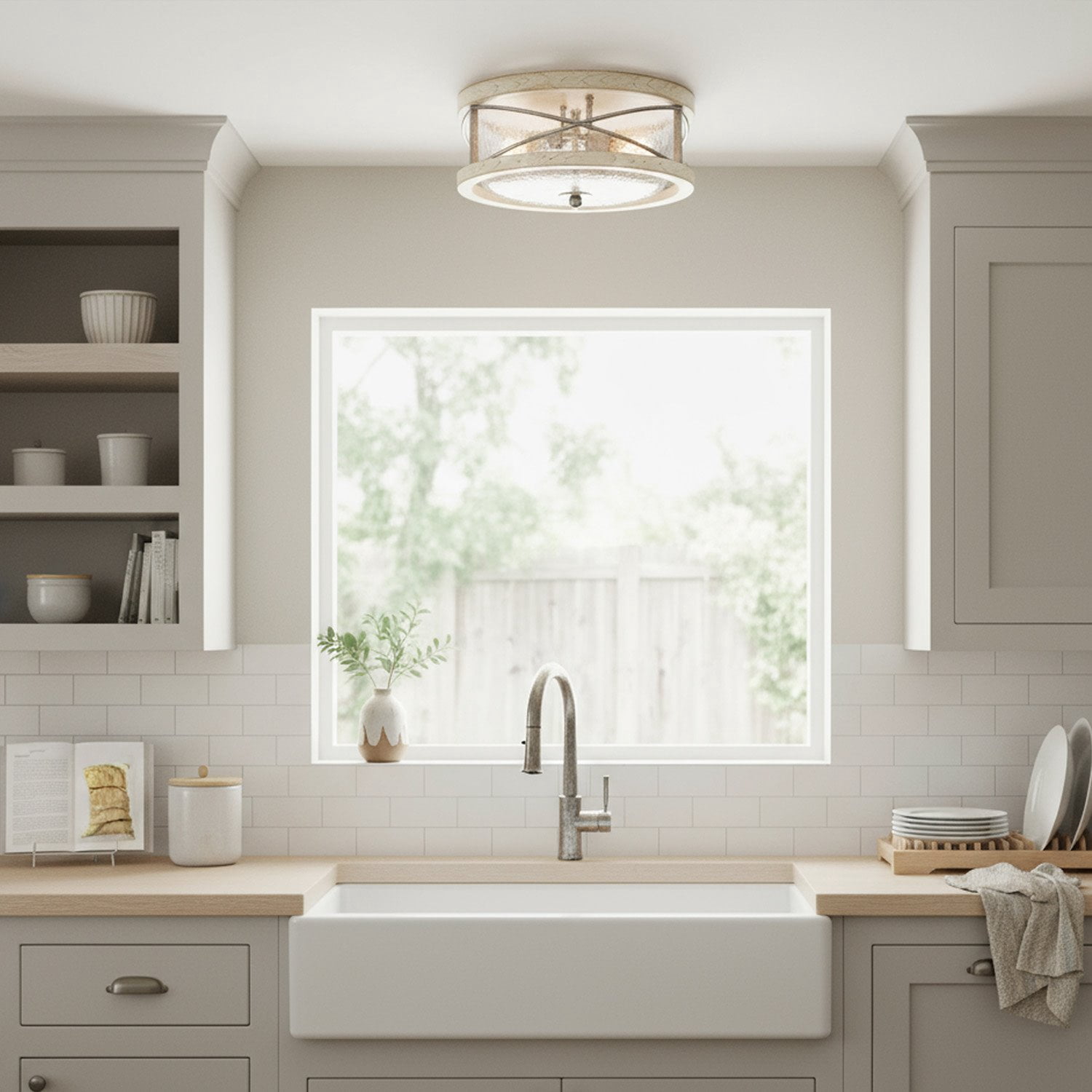 Kira Home Blaylock 13" Farmhouse Flush Mount Ceiling Light, Hammered Glass Shade, Wood Grain Metal, White Ash Wood