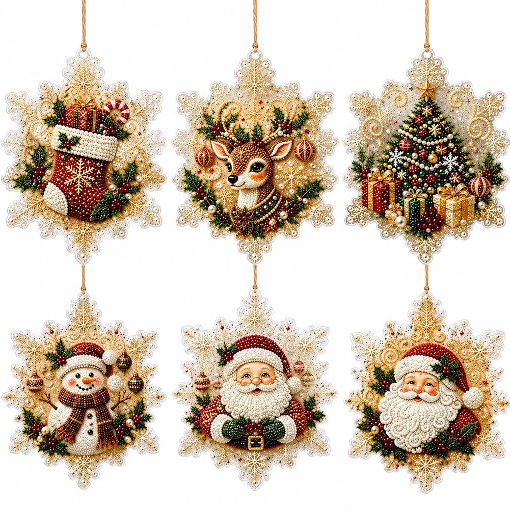 DIY Christmas Painting Ornament Set 6 Pcs Wooden Pendants Rhinestone Pearl Design Hemp Rope for Xmas Tree Wreath Holiday Home Decor Craft Project for Beginners (Style F)