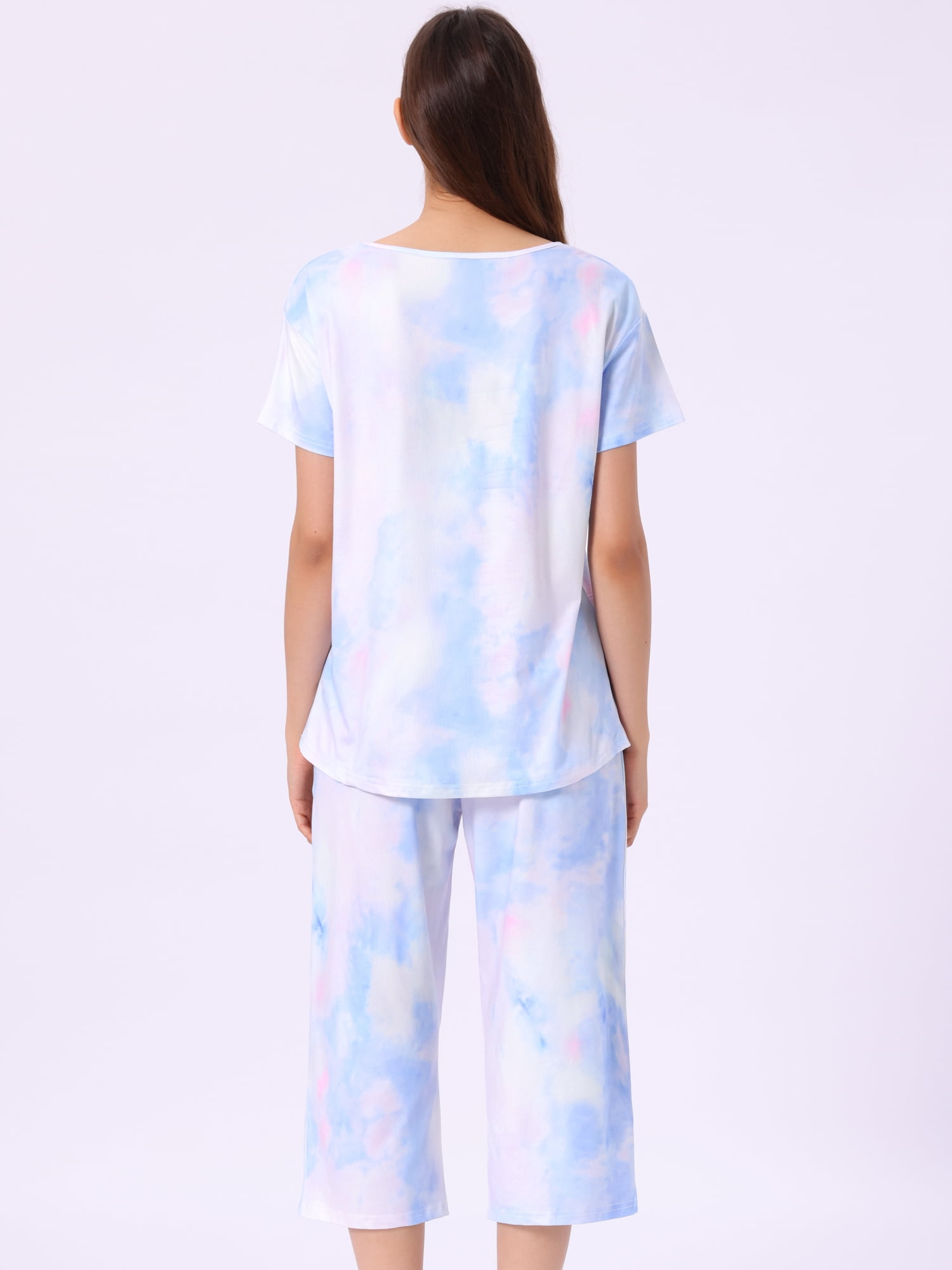 DARING DIVA Women's Short Sleeve Tie Dye Capri Pants with Pockets Loungewear L Multicolor