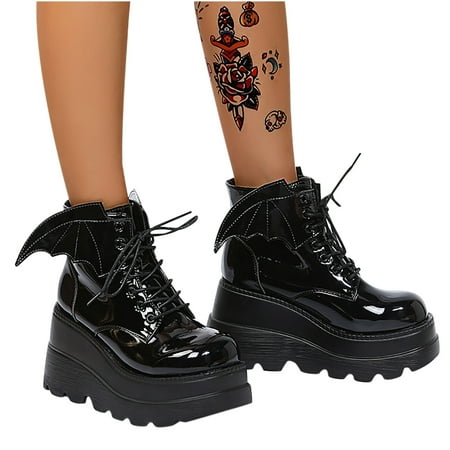 

Tuscom Women s Ankle Boots Fashion Round Toe Wedge Heel Low-barrel Lace-up Wing Patent Leather Shiny Boots