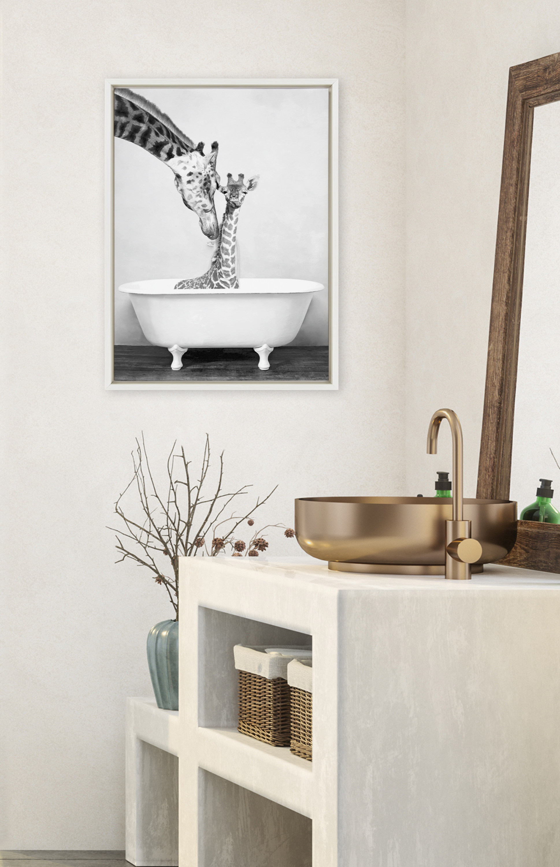 Kate and Laurel Sylvie Giraffe In Tub Framed Canvas Wall Art by Amy Peterson Art Studio, 18x24 White, Modern Fun Decorative Bathtub Wall Art for Home Décor