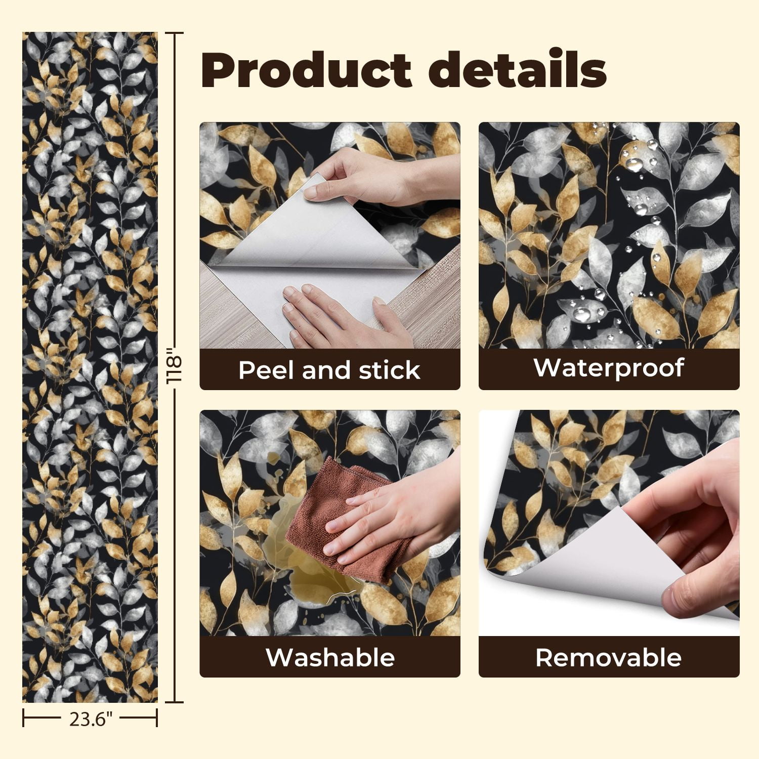 Modern Peel and Stick Wallpaper 23.6in x 9.8ft Elegant Gold Silver Leaf Dark Contact Paper Vinyl Waterproof Self Adhesive Wall Paper for Bedroom Shelf Cabinet Renter Friendly