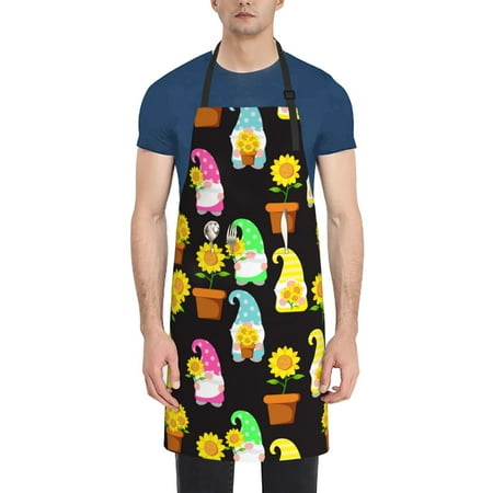 

Goofa Gnomes With Sunflowers Printed Waterproof Apron 33 Chef Aprons for Men Heavy Duty Chemical Work Apron Adjustable Bib Apron
