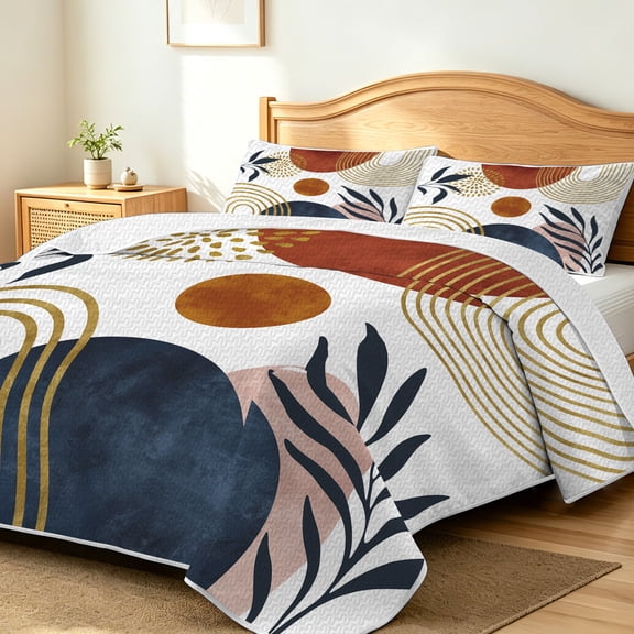 FIVERAM Boho Quilt Set Full/Queen Size,3 Piece Mid‑Century Abstract Geometric Bedspread for Queen Bed,Lightweight Coverlet Bedding Set for All Season