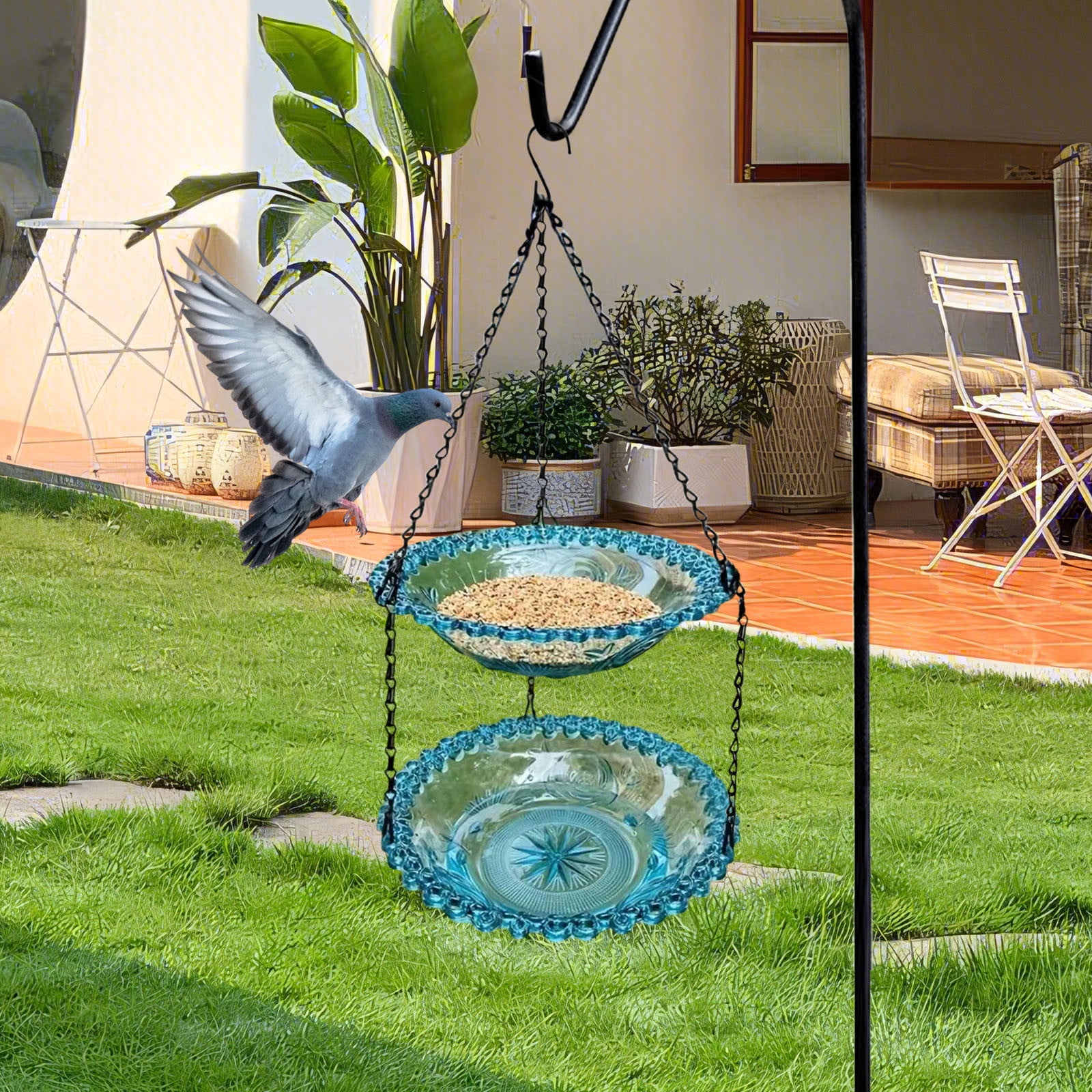 Zzbeans Outdoor Bird Feeder, Hanging Bird Feeder for Outside, Balcony Garden Tree Mounted Bird Feeder, Reusable Easy Fill Plastic Bird Bath and Food Feeder for Wild Birds Squirrels, Blue