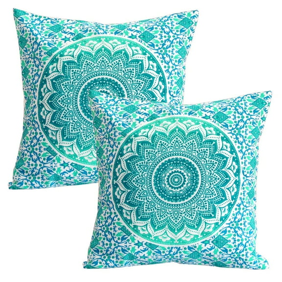 Stylo Culture Indian Sofa Throw Pillow Covers 16x16 Printed Floral Green Traditional 40x40 cm Home Decor Cotton Mandala Ombre Square Cushion Covers | Set Of 2