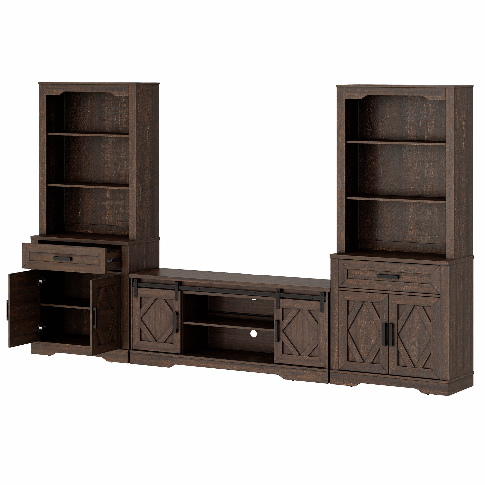 WAMPAT Farmhouse Entertainment Center with Bookshelf for TVs up to 65",Mid Century Modern TV Stand with 73"H Tall 5-Tier Bookcase with Open Storage and Barn Doors for Living Room,Rustic Brown