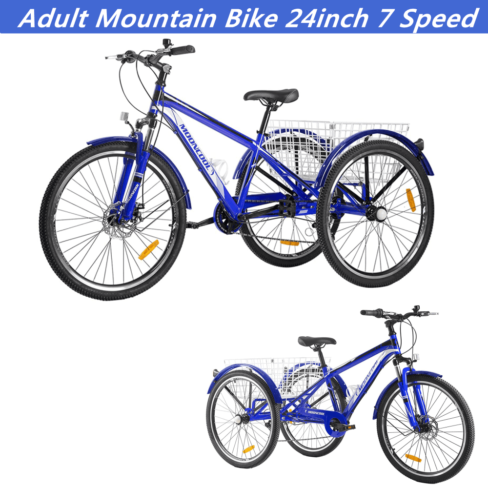MOPHOTO 24" Adult Mountain Tricycle, 7 Speed 3 Wheel Cruiser Bicycle,Adult Tricycle,Exercise Women's Trike, Rear Storage Basket,Exercise Men's Women's Tricycles
