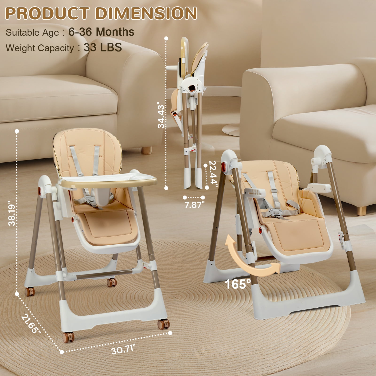 Ktaxon Baby High Chair, Convertible 6 in 1 Baby Highchair with Swing Function for Babies and Toddlers, with 5-Point Safety Harness, Adjustable Dining Tray, Backrest, Footrest & Height, Beige