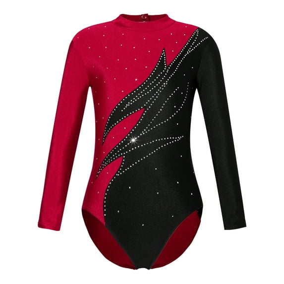 IEFIEL Girls Long Sleeve Stand Collar Gymnastic Dance Leotard Shiny Rhinestones Dancewear