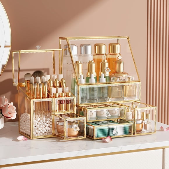 CoralHouse Organisateur de Maquillage, Organisateur de Cosmétiques, Organisateur de Soins de la Peau, Organisateur de Maquillage pour Coiffeuse, Organisateur de Brosses, Verre Haute Dureté