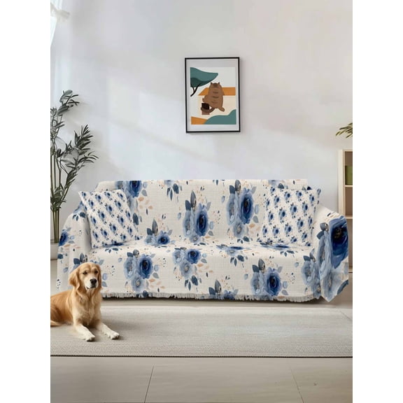Navy Blue Spring Floral Couch Cover for 2 Cushion Sofa, Farmhouse Flowers Modern Art Washable Loveseat Sofa Covers Slipcover for Sectional Sofas L-Shaped, Couch Throw Cover 71"x118"