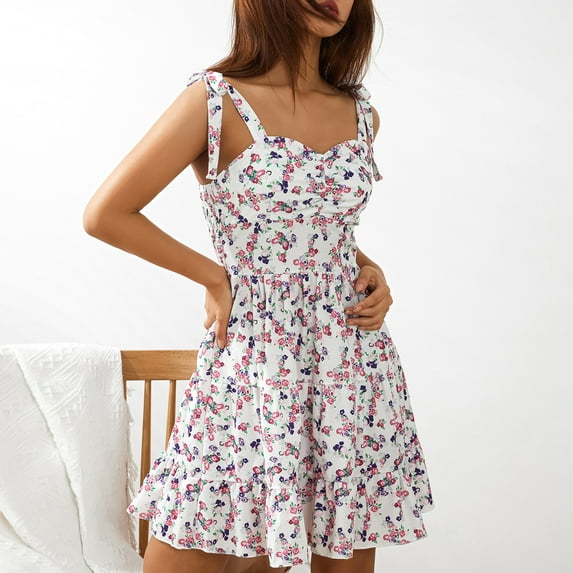 Liacowi Women Ruched Floral Print Mini Dress Strap Party Club Summer Dress A Line Swing Short Dress Streetwear