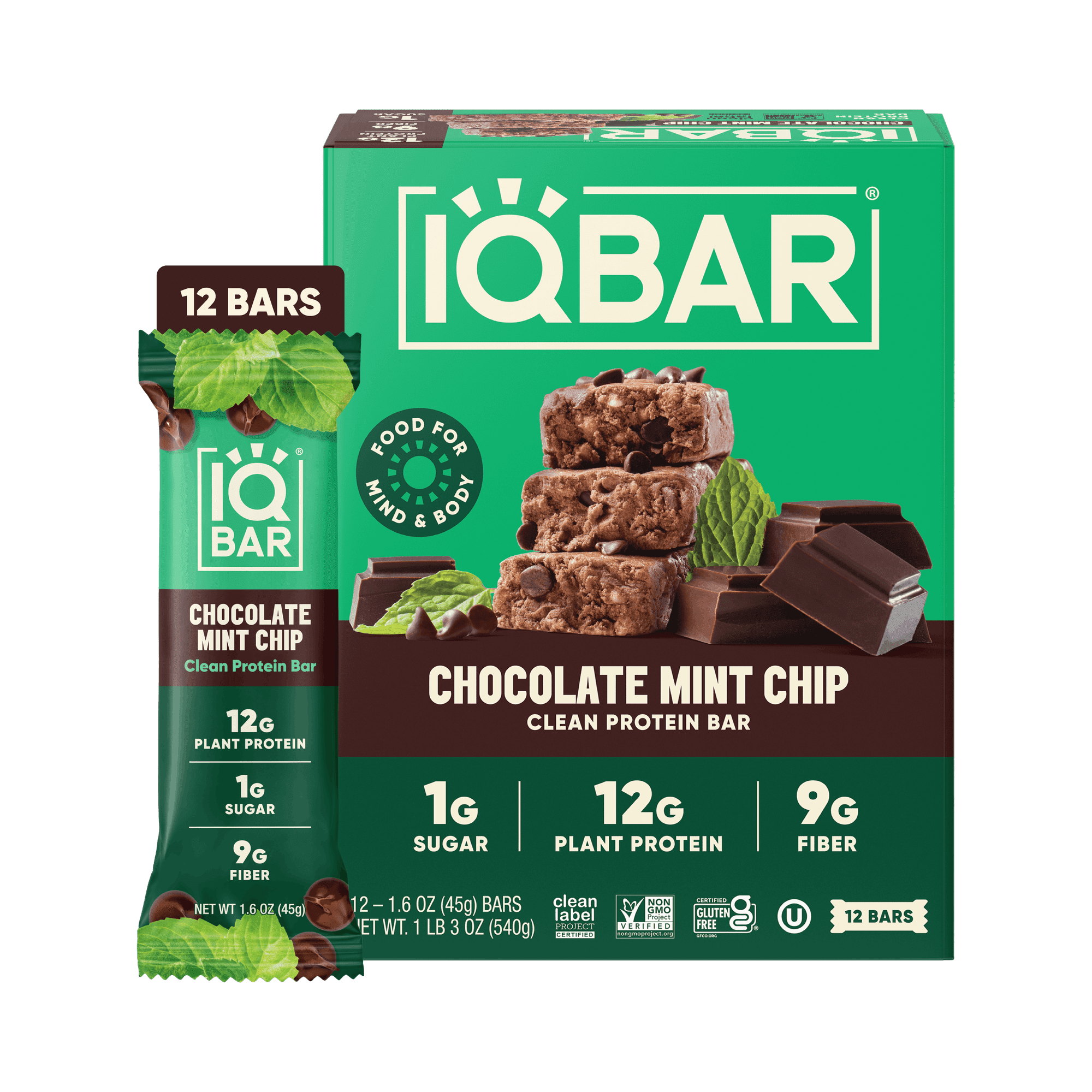 IQBAR Clean Plant Protein Bars - Chocolate Mint Chip - 12 Count - Keto, Vegan, High Fiber, Gluten and Dairy Free, Low Sugar Snack