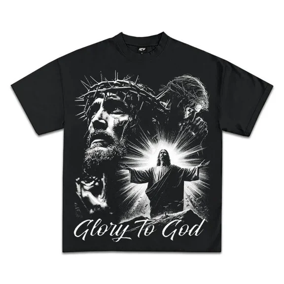 Glory To God Jesus Printed Tee Y2K Rap Streetwear T-Shirt Hip-Hop Graphic Tees