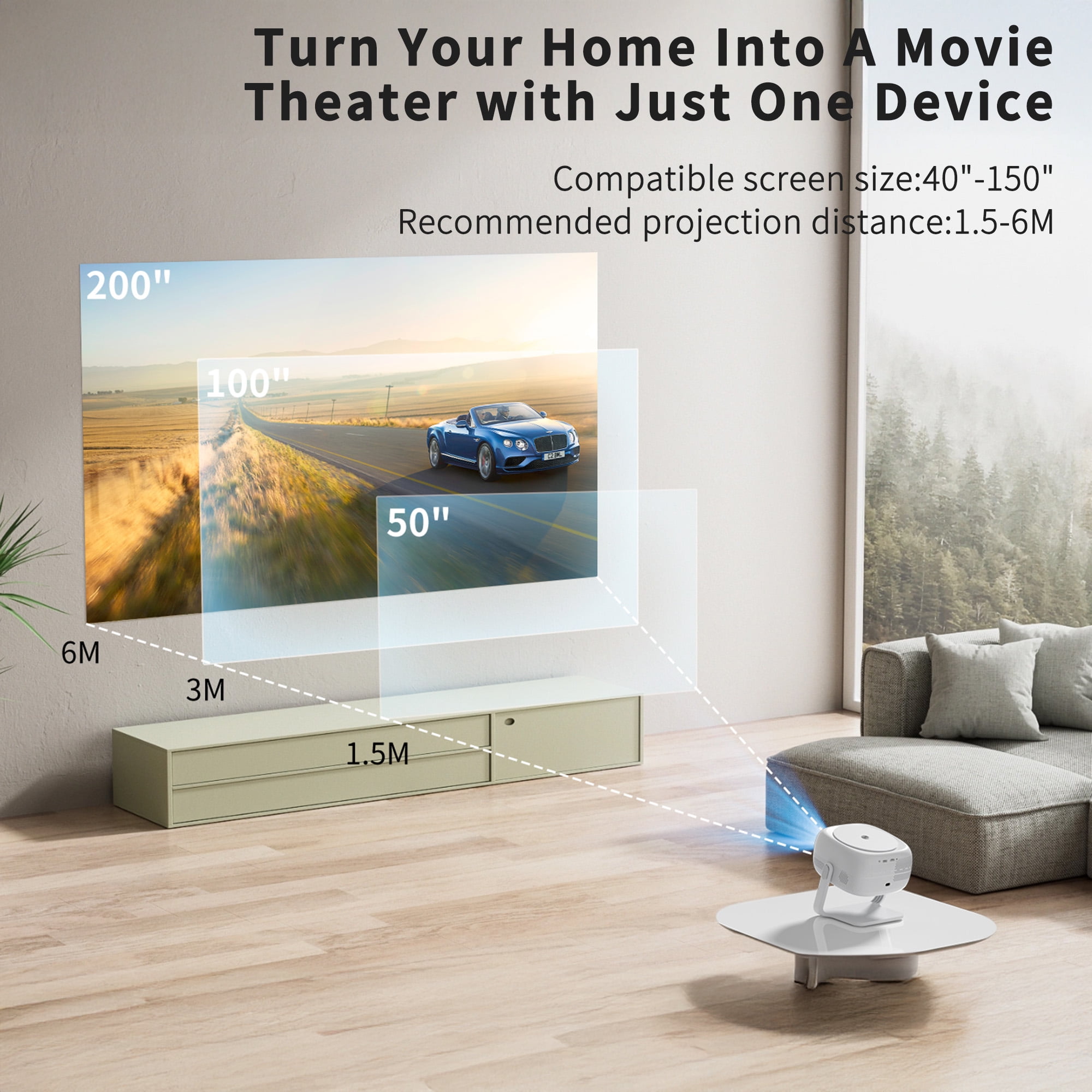 Visulapex Projector 4K 1080P Outdoor Projector with WiFi and Bluetooth, 360° Rotatable Portable Movie Projection for Phone