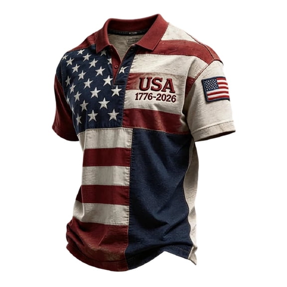 Mens Patriotic USA 250th Anniversary Short Sleeve Polo Shirts, American Flag Embroidery Vintage US Flag Print Casual Tops for Independence Day(,XL)