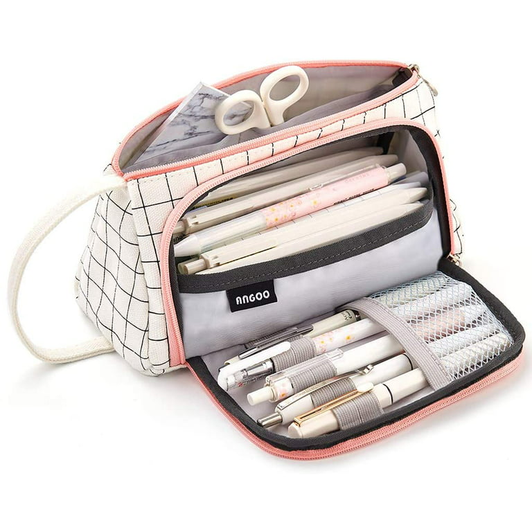 OBOSOE Large Capacity Colored Canvas Storage Pouch Marker Pen Pencil Case  Simple Stationery Bag Holder For Middle High School Office College Student  Girl Women Adult Teen Gift White Plaid,1PC 