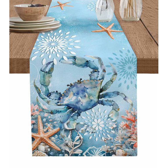 Hokiten Table Runners 90 Inches Long Dress Scarves, Blue Coastal Crab Farmhouse Coffee/Dining/Kitchen Table Runner for Living Room, Summer Beach Starfish Botanical 13x90 Inch