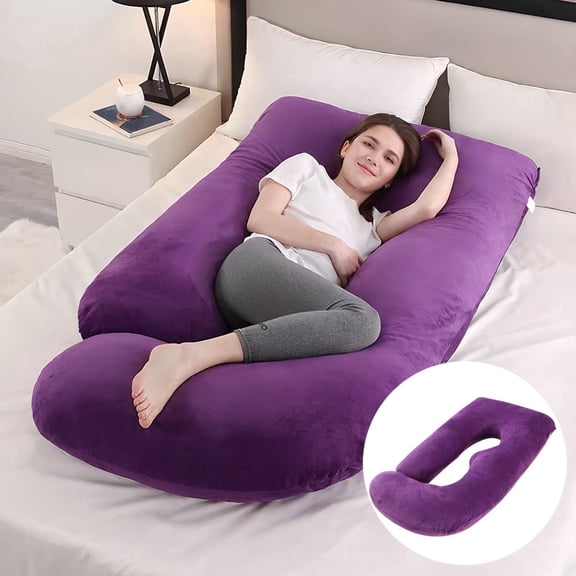 60-inch J-Shaped Pregnancy Pillow, Full Body Maternity Pillow for Side Sleepers, Soft Velvet Removable Washable Cover, Back Hip Leg Support,Purple