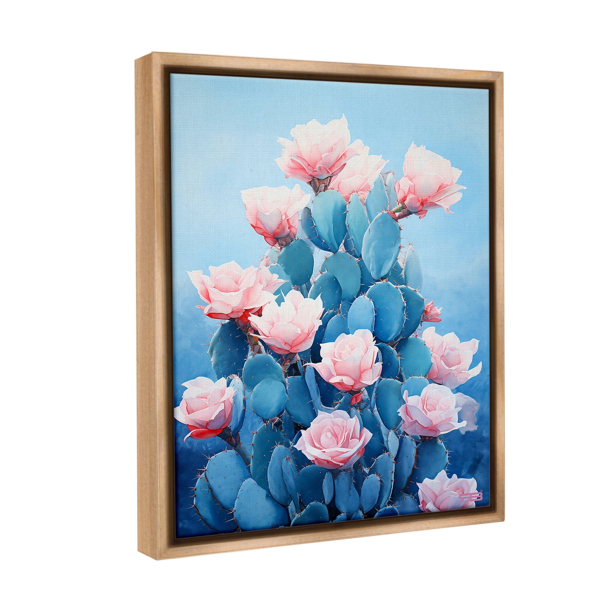 Stupell Industries Cactus & Rose Blossoms Botanical & Floral Painting Brown Floater Framed Canvas Art Print Wall Art, 25 x 31