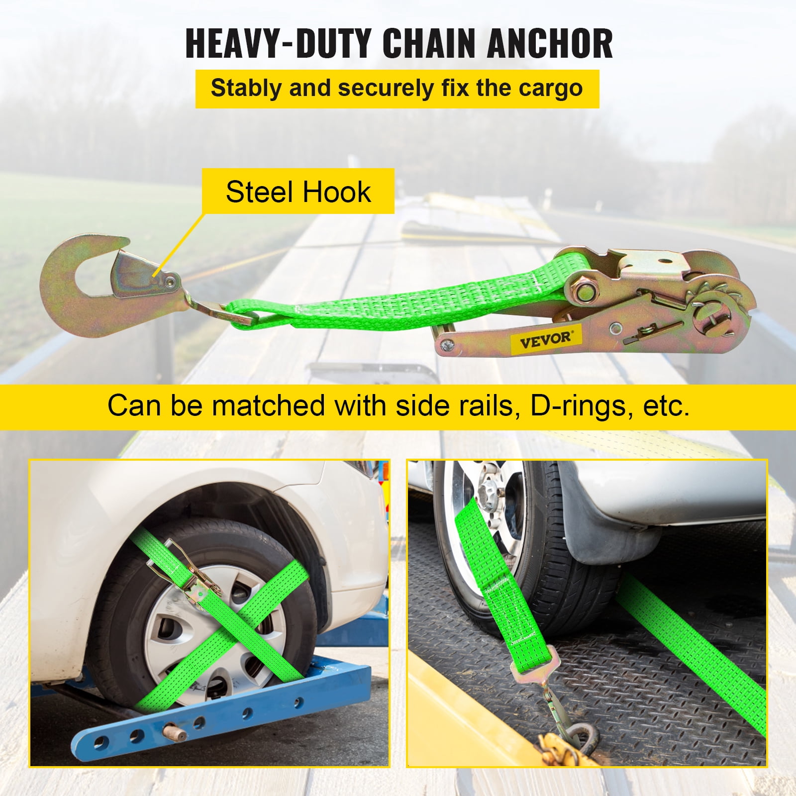 VEVOR Ratchet Tie Down Strap, 15.6ft x 2in Polyester Ratchet Strap 4000 lbs Working Load, 12 PCs Heavy Duty Car Strap w/ Double Hooks, Car Tie Down Strap with Chain Anchors, Security Fastening, Green