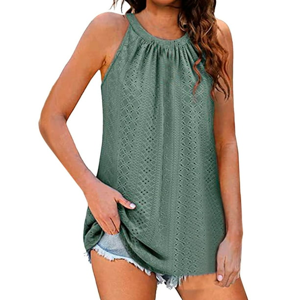 Playeras,Blusas y Tops,Ropa para Mujer Camisetas Sin Mangas Para Adolescentes Blusa de verano sin mangas con cuello para mujer, informal, plisada, sin mangas, con (Green, L)
